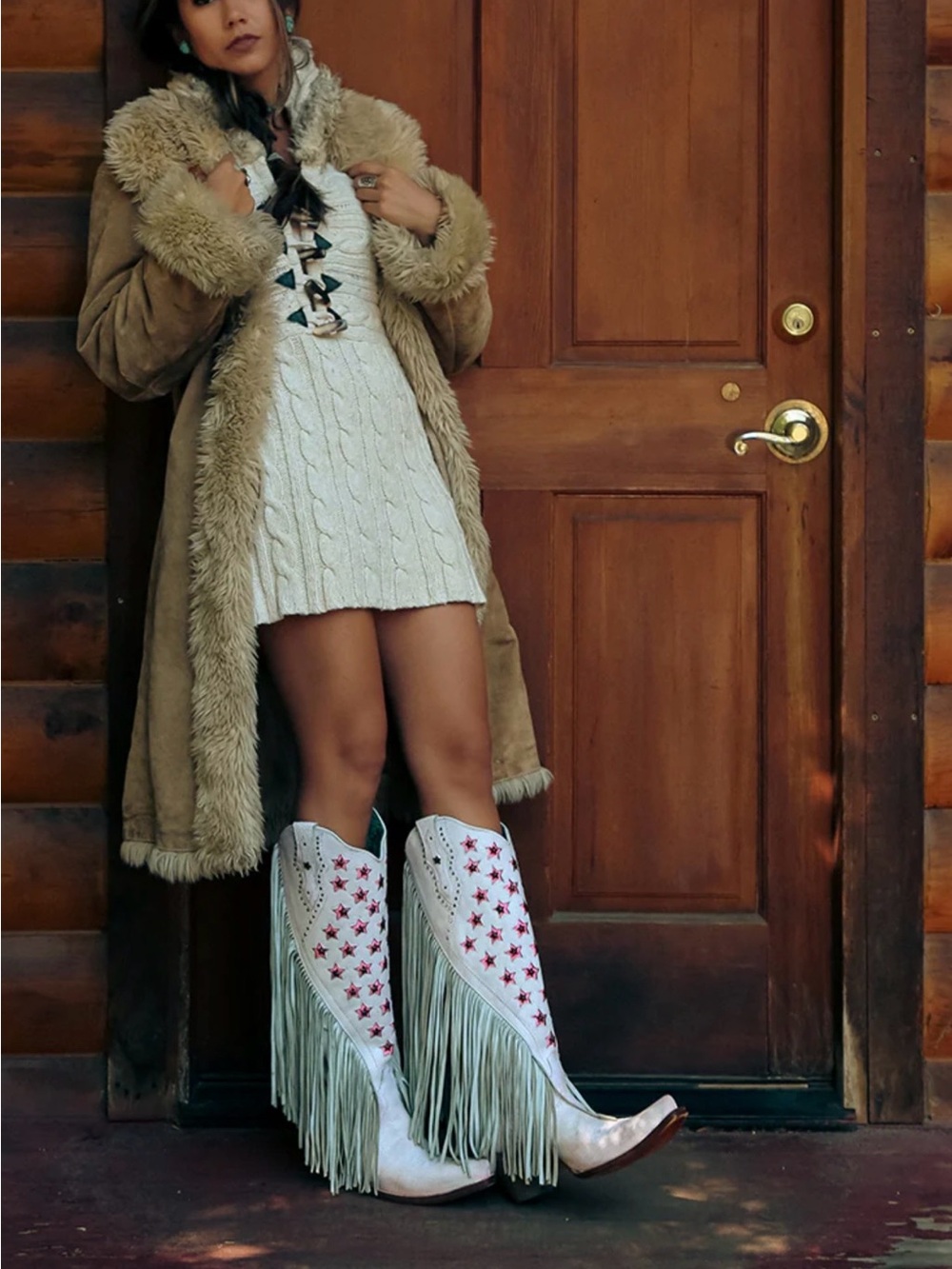 Fringed Western Heeled Boots in White with Pink Star Accents